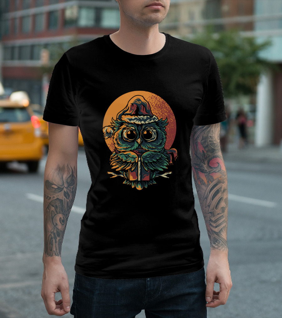 Owl Santa Hat Christmas Present Orange Moon T-Shirt