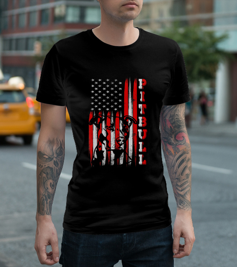 Proud Pitbull American Flag Funny Dog Dad T-Shirt
