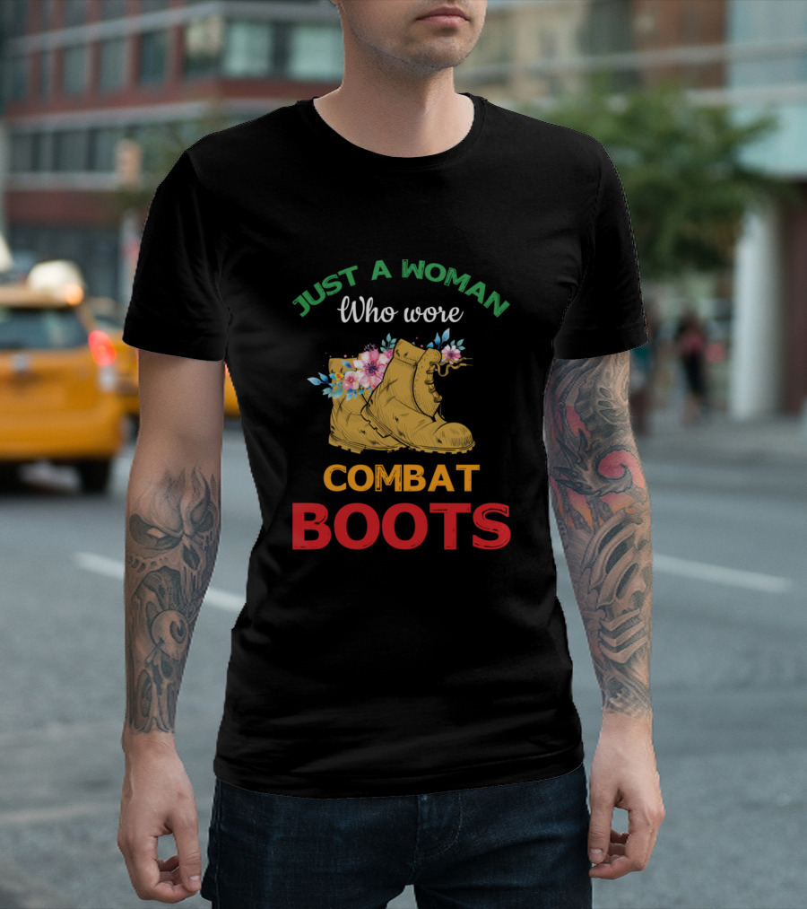 Just A Woman Who Wore Combat Boots With Flowers Retro Vintage Veteran T-Shirt