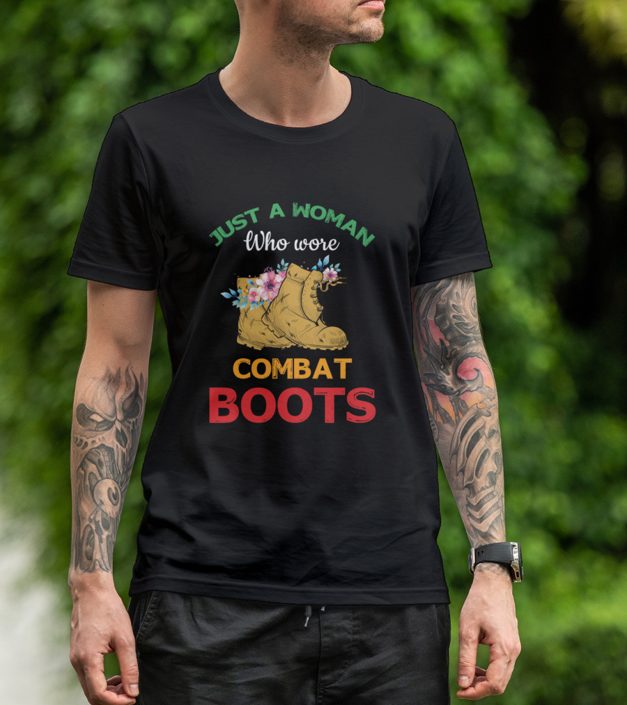 Just A Woman Who Wore Combat Boots With Flowers Retro Vintage Veteran T-Shirt