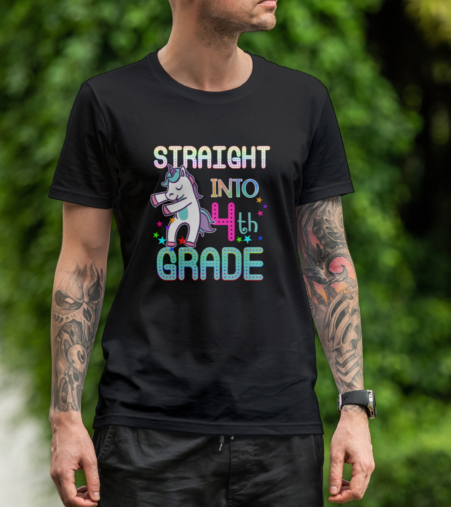 Straight Into 4th Grade Unicorn Dabbing Stars Colorful Letters T-Shirt