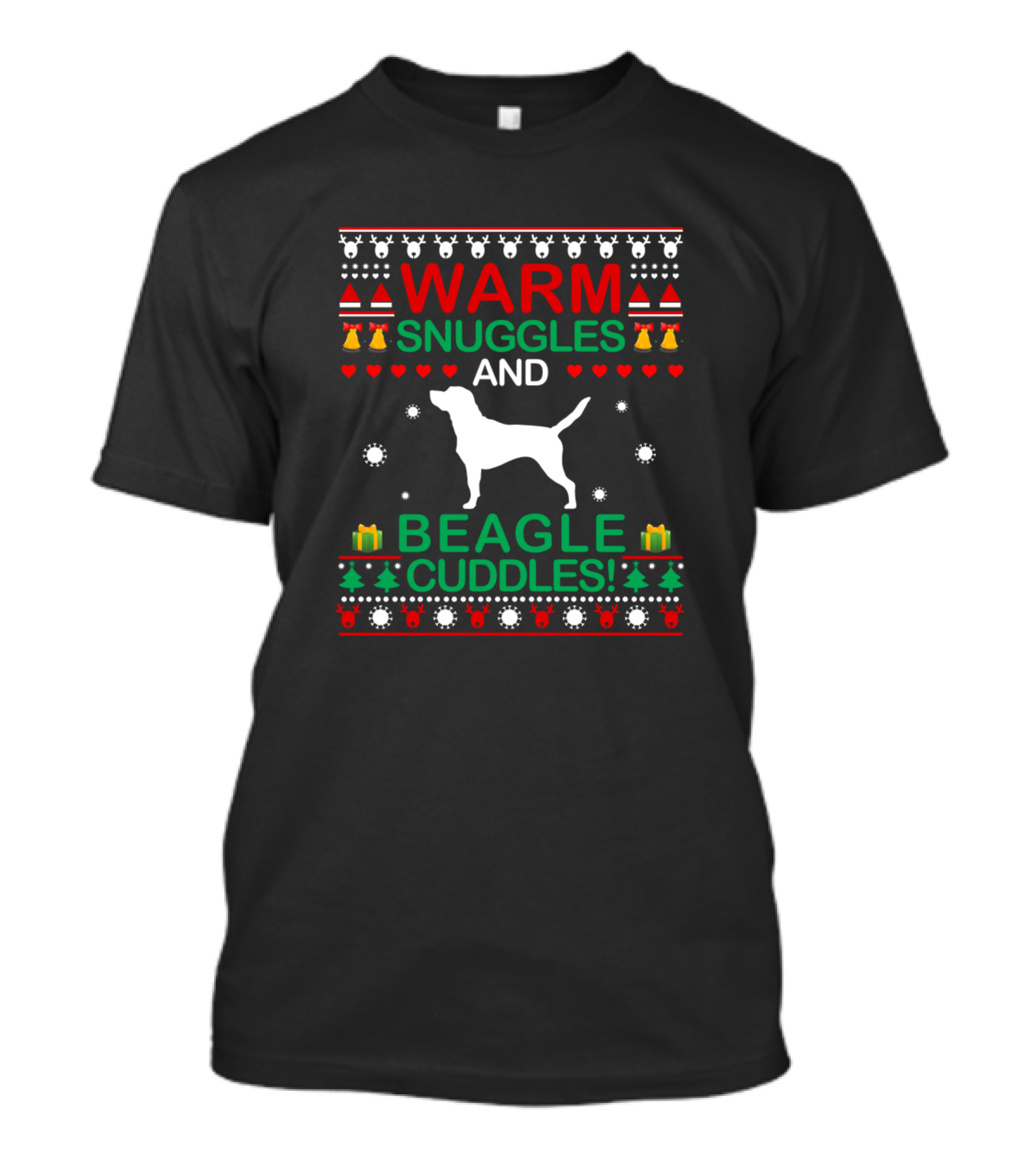 Warm Snuggles And Beagle Cuddles With Christmas Bells And Gift Icons T-Shirt