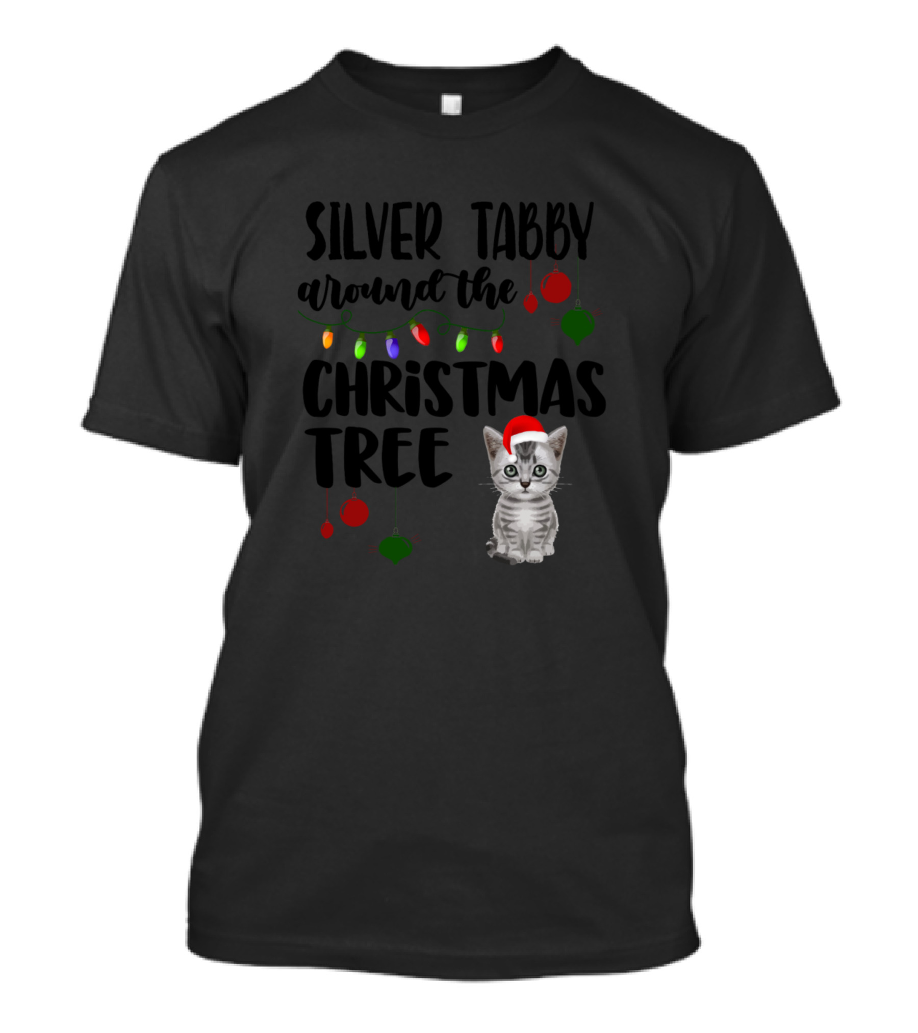 Silver Tabby Around The Christmas Tree With Santa Hat And Holiday Lights T-Shirt