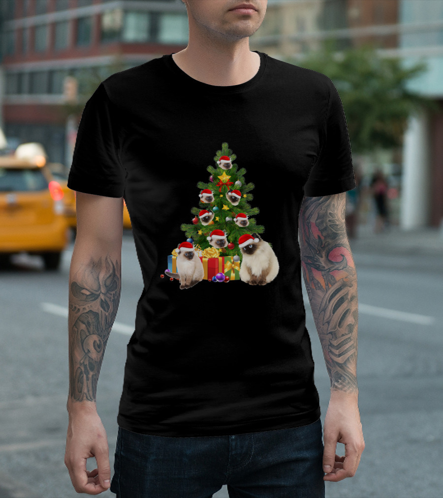 Balinese Cat Christmas Tree with Santa Hats and Gifts T-Shirt