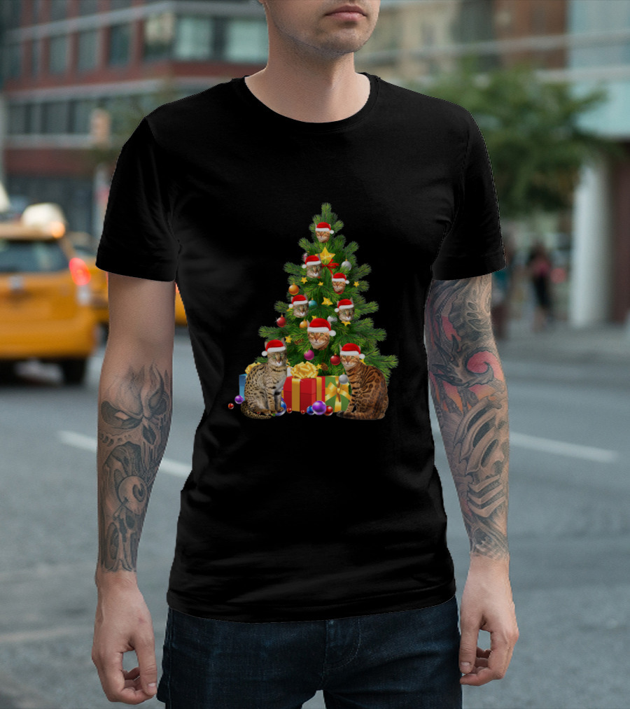 Bengal Cat Christmas Tree with Santa Hats and Presents T-Shirt