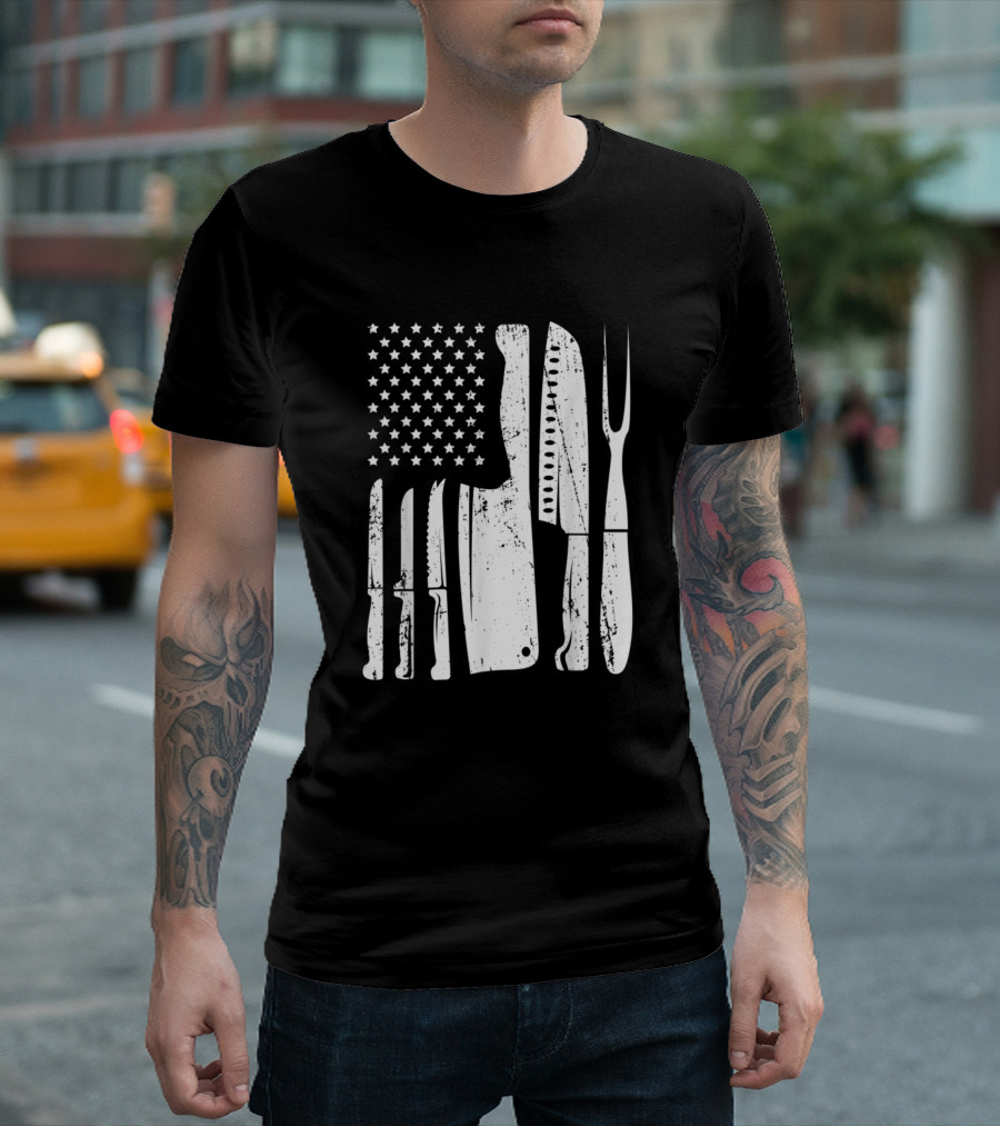 USA Patriotic Chef Knife Flag For Head Cook T-Shirt