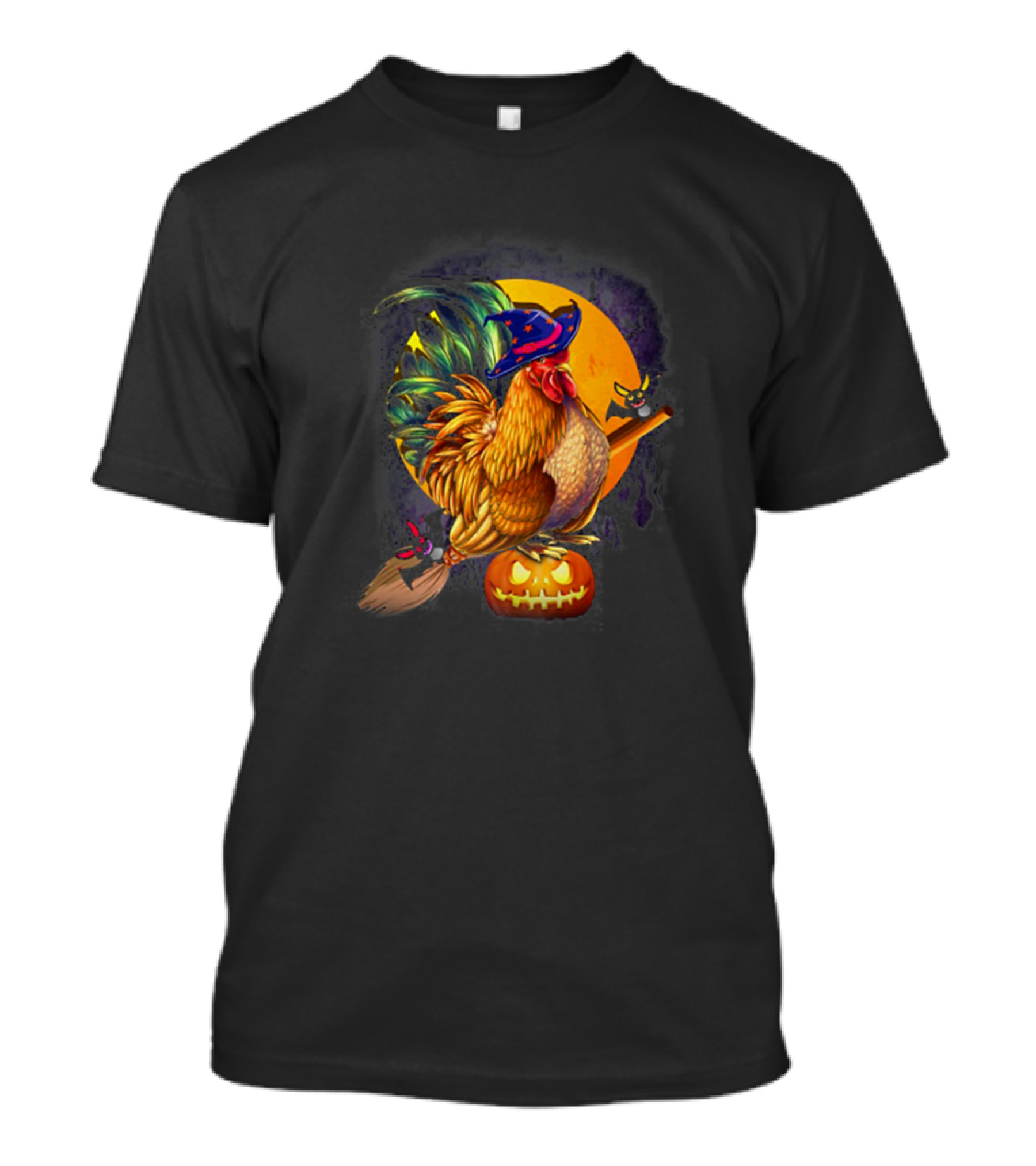 Chicken Witch With Broomstick And Halloween Pumpkin Night T-Shirt