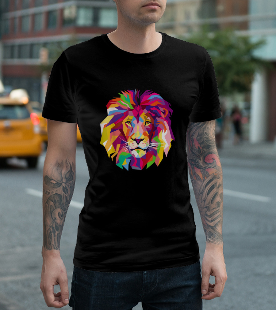 Elegant Cool Lion Head With Bright Colorful Geometric Palette T-Shirt