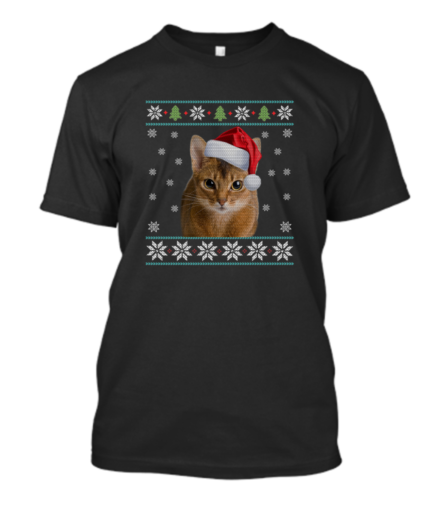 Merry Christmas Abyssinian Cat Wearing Santa Hat With Snowflakes And Festive T-Shirt