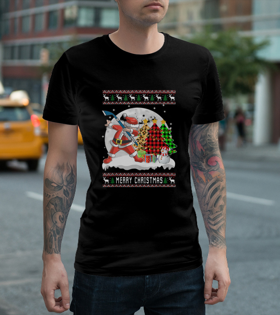 Merry Christmas Santa Playing Ice Hockey With Festive Snowman And Holiday Trees T-Shirt