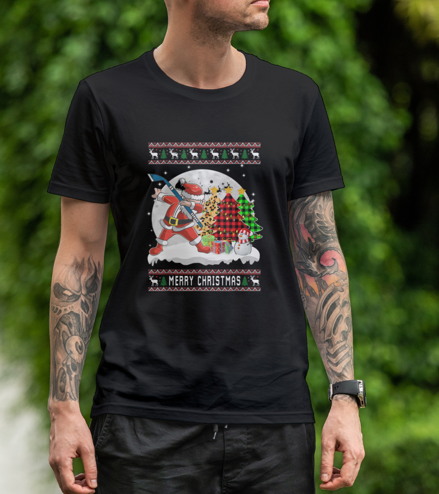 Merry Christmas Santa Playing Ice Hockey With Festive Snowman And Holiday Trees T-Shirt