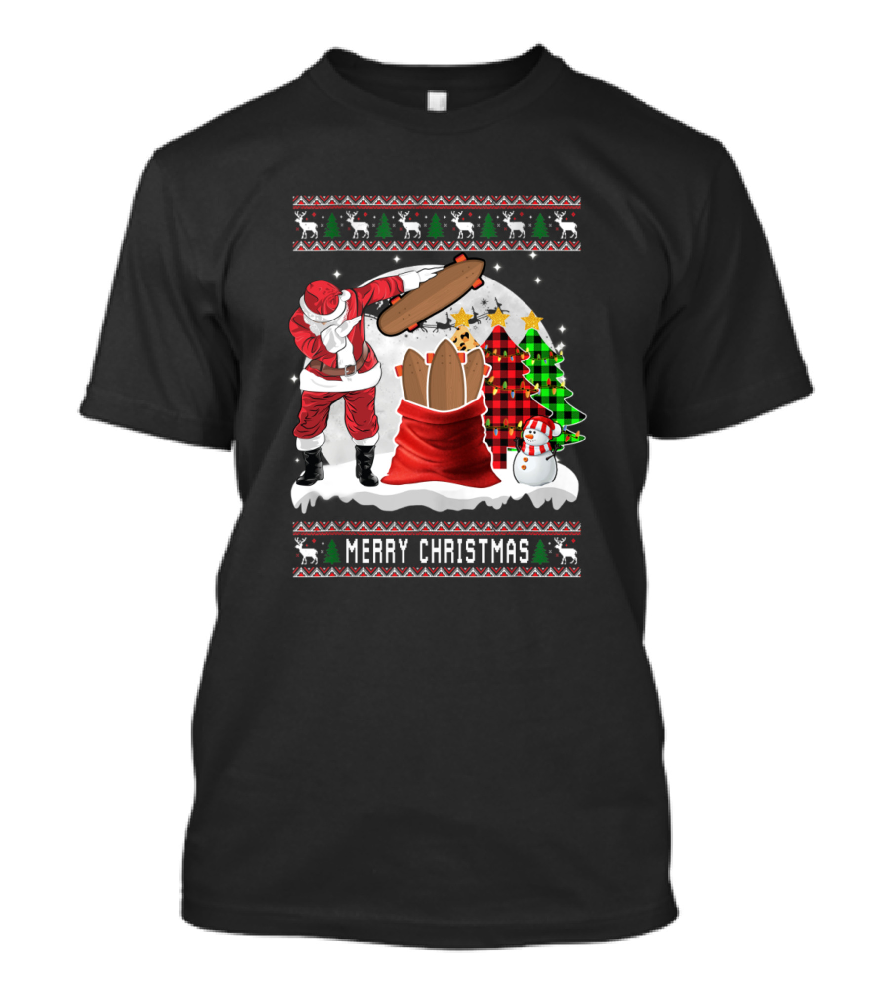 Merry Christmas Santa Skateboard Snowman Plaid Tree T-Shirt
