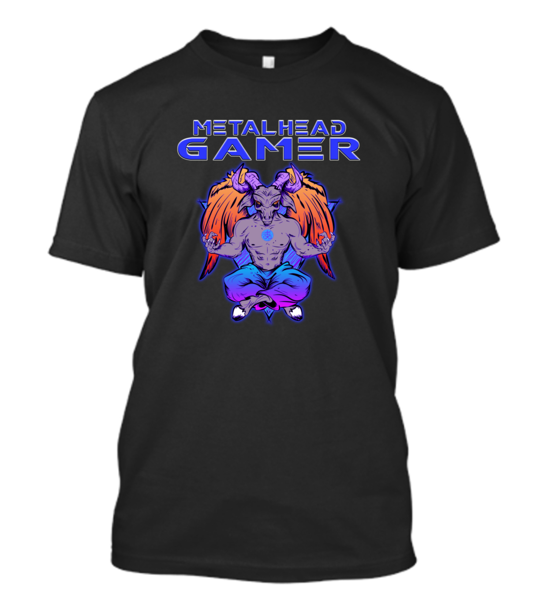 Metalhead Gamer Baphomet Meditate Winged Demon Blue T-Shirt