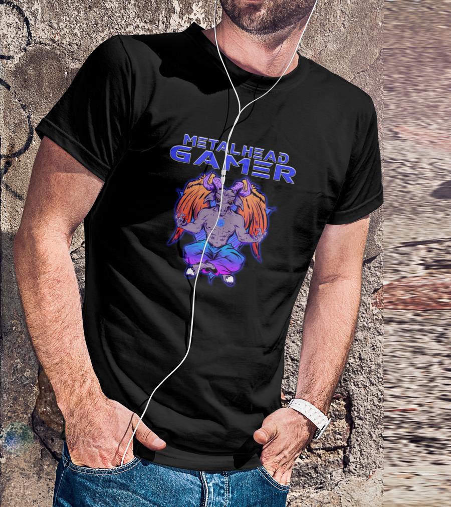 Metalhead Gamer Baphomet Meditate Winged Demon Blue T-Shirt