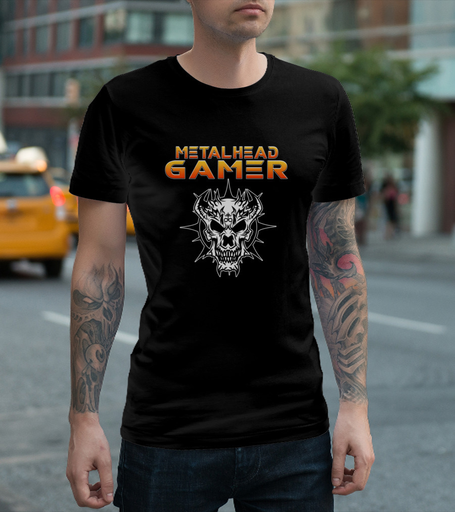 Metalhead Gamer Demon Skull Black and White Design Orange Text T-Shirt