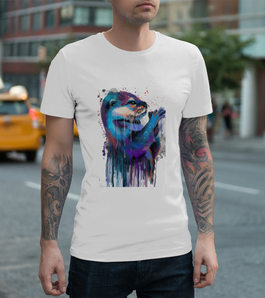 Otter Watercolor Drip Art Colorful Abstract T-Shirt