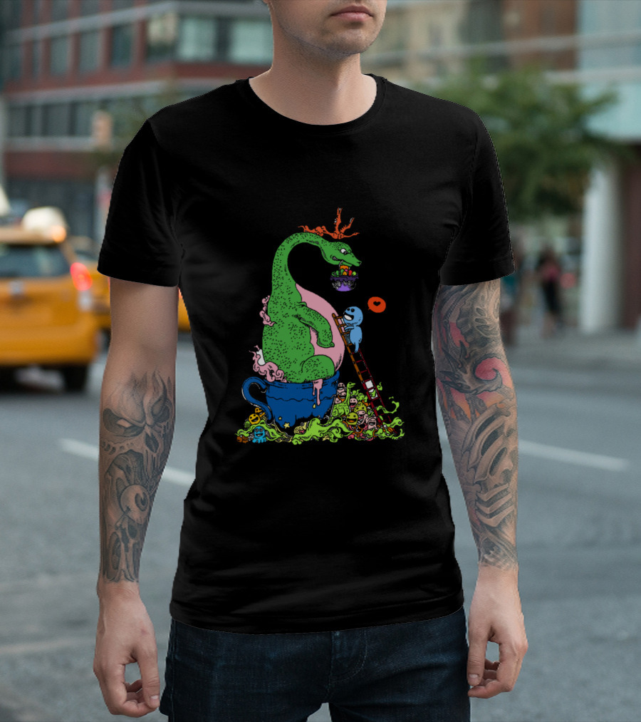 Papa Dino In Teacup Feeds Baby Monsters with Candy Basket T-Shirt