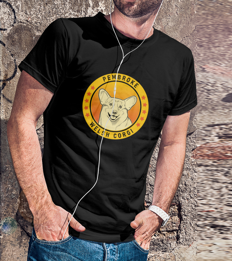 Pembroke Welsh Corgi Circular Badge With Stars And Smiling Dog Face T-Shirt