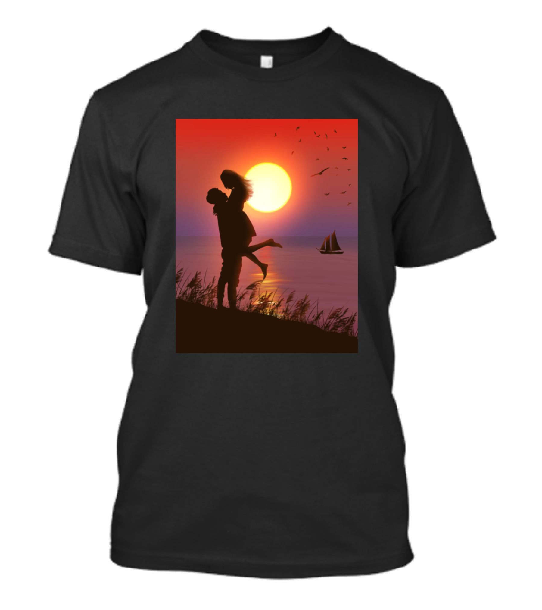 Sunset Embrace Lovers Silhouette With Sailboat And Birds T-Shirt