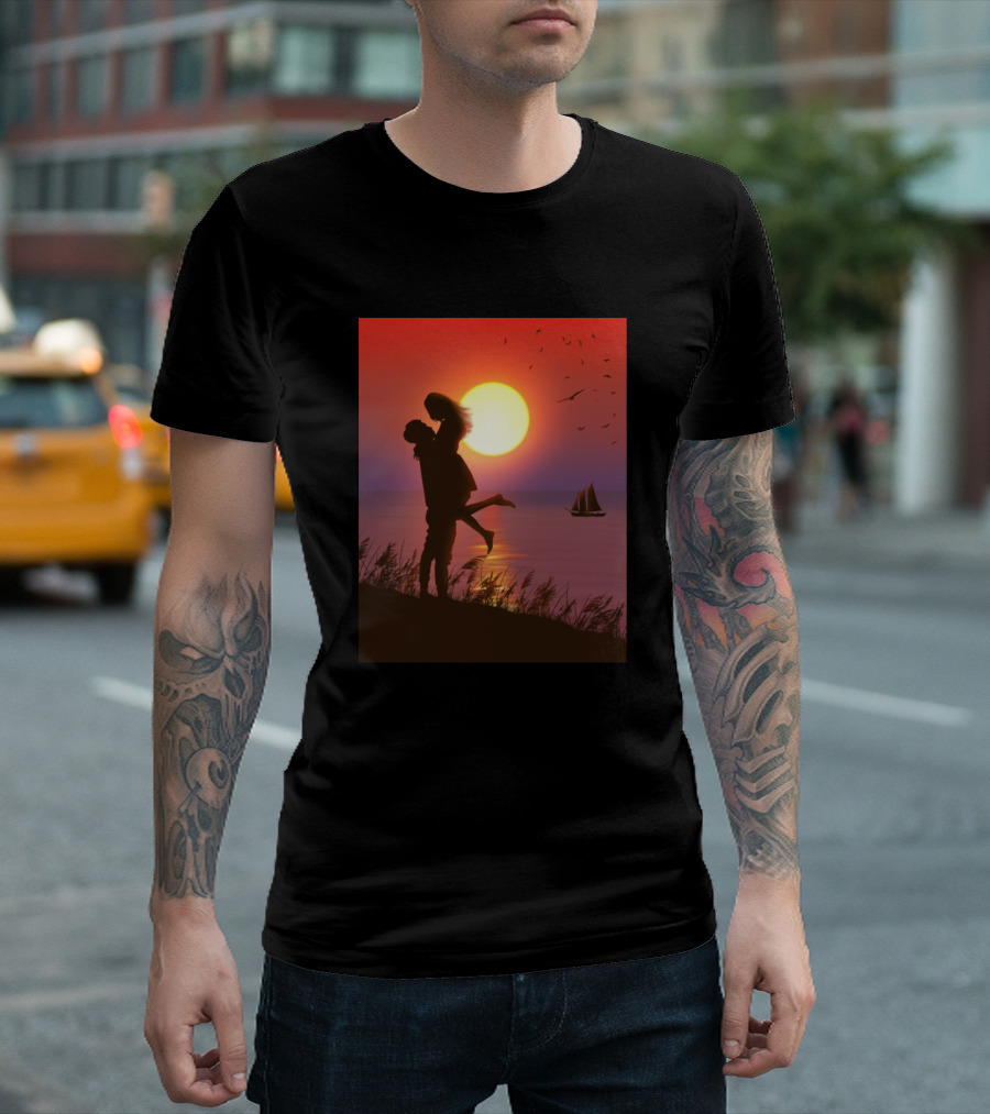 Sunset Embrace Lovers Silhouette With Sailboat And Birds T-Shirt
