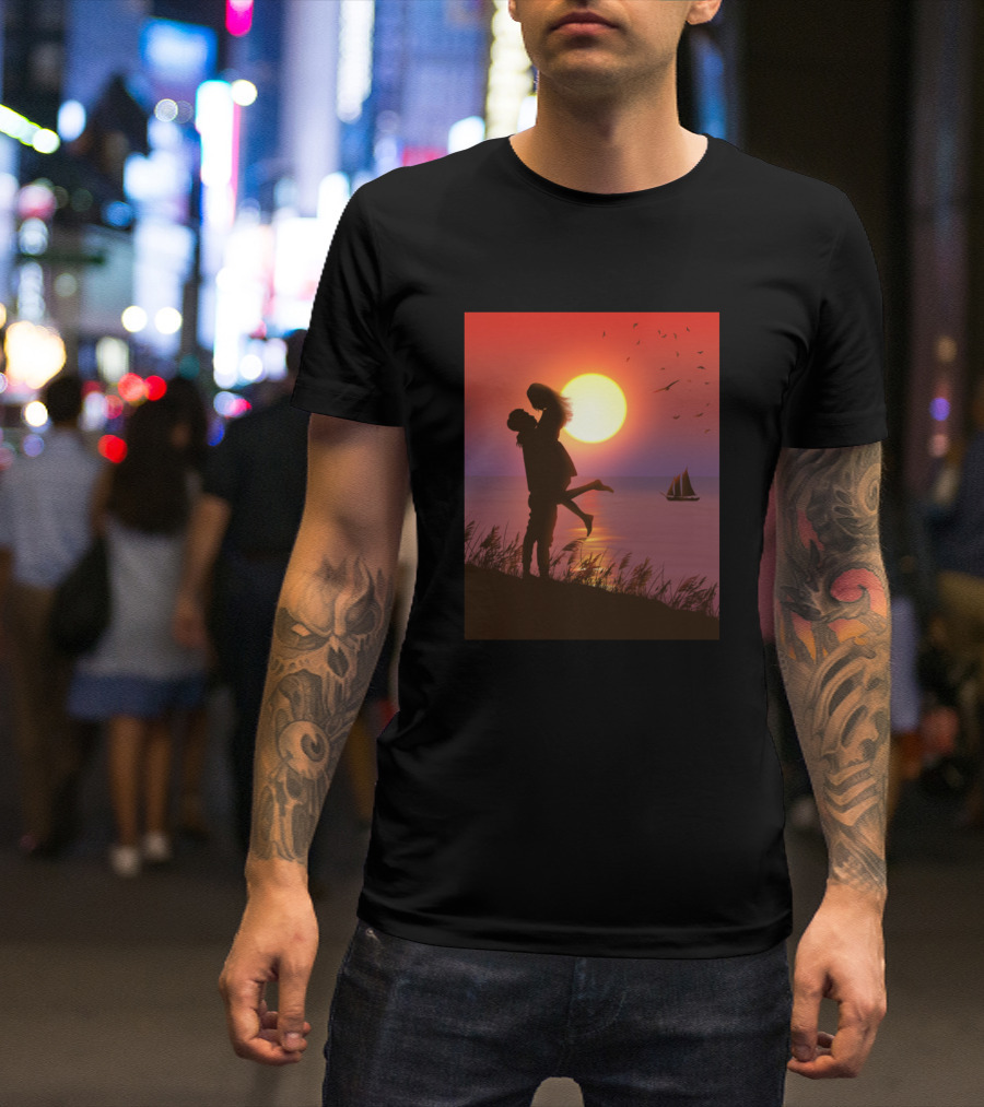 Sunset Embrace Lovers Silhouette With Sailboat And Birds T-Shirt