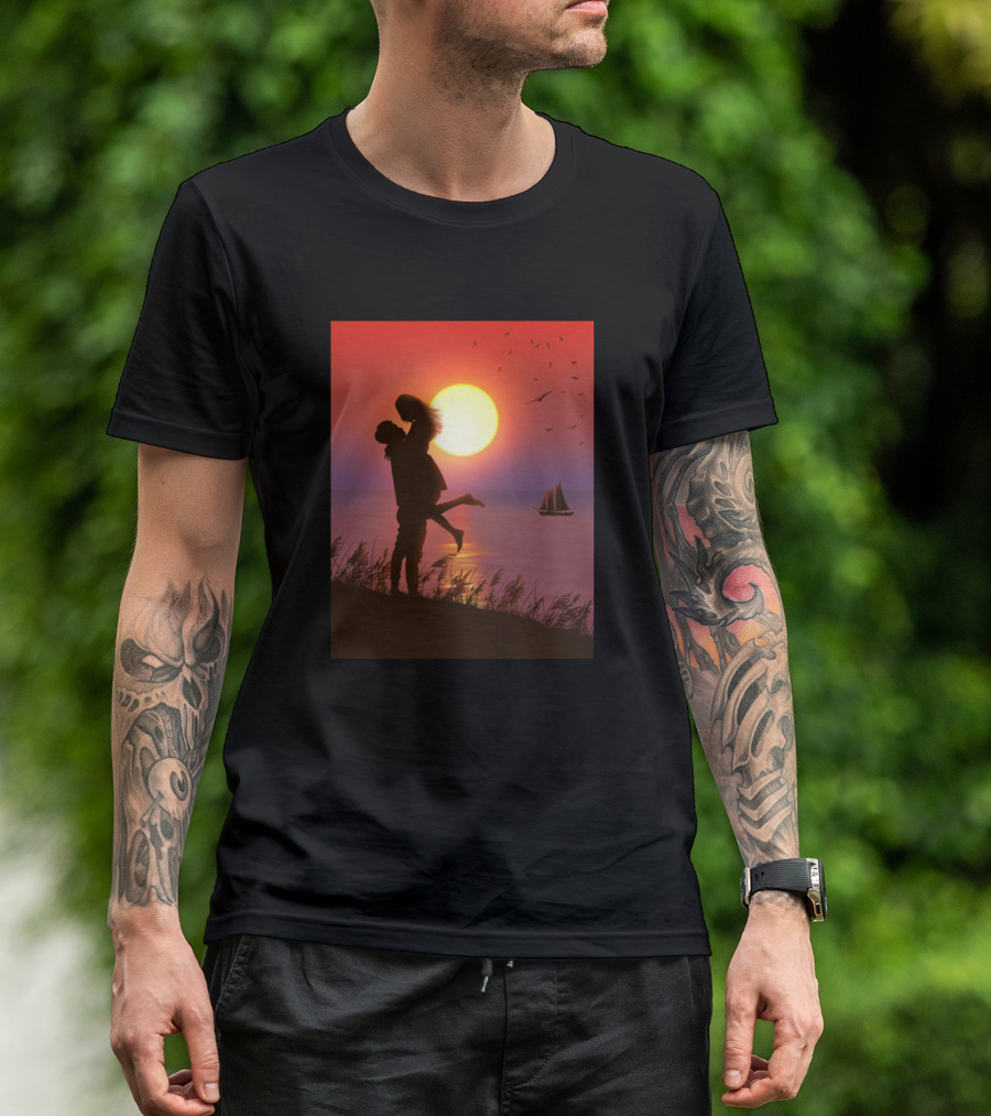Sunset Embrace Lovers Silhouette With Sailboat And Birds T-Shirt