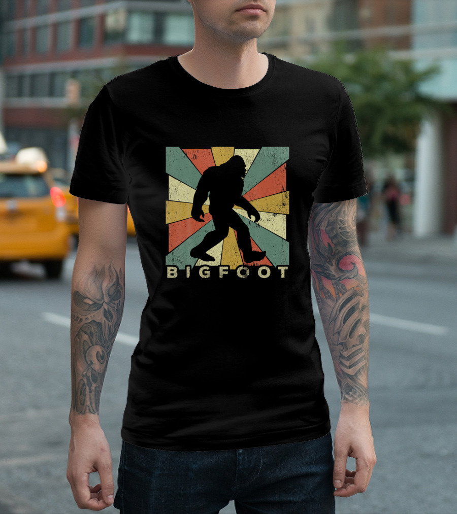 Retro Bigfoot Silhouette Sunburst Burst T-Shirt