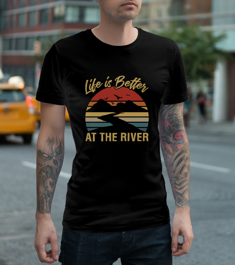 Vintage Retro Life Is Better At The River Sunset Mountain Scene T-Shirt