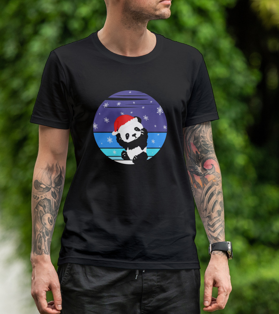 A Cute Little Panda With A Christmas Cap And Snowflakes T-Shirt