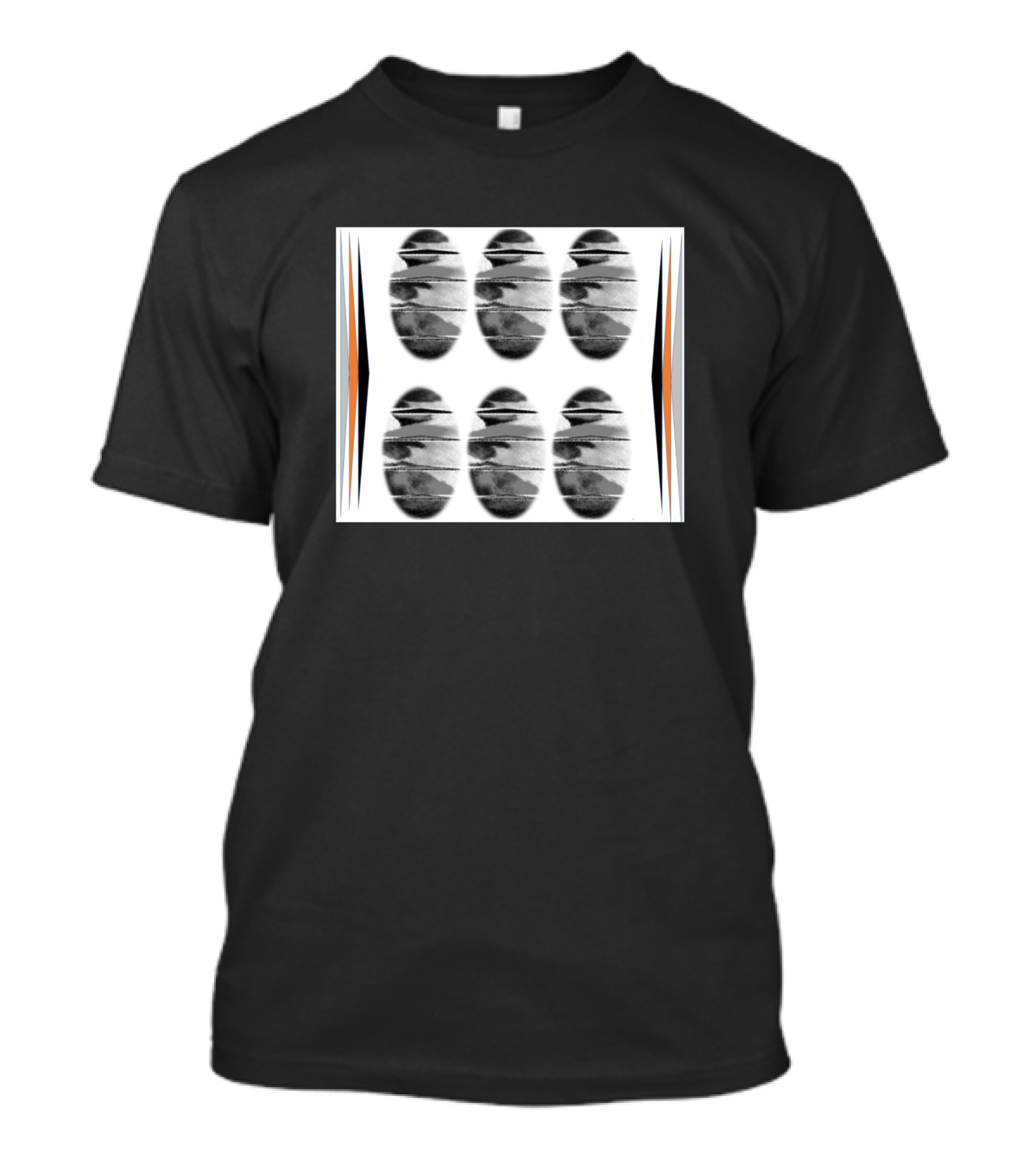 Abash Terra Roubas Repeated Abstract Oval Pattern With Black And Orange Accents T-Shirt