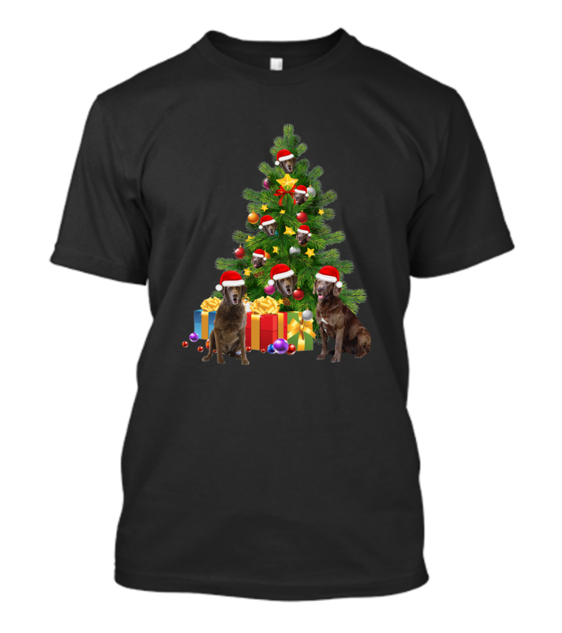 Chesapeake Bay Retriever Dog Christmas Tree With Santa Hats And Gifts T-Shirt