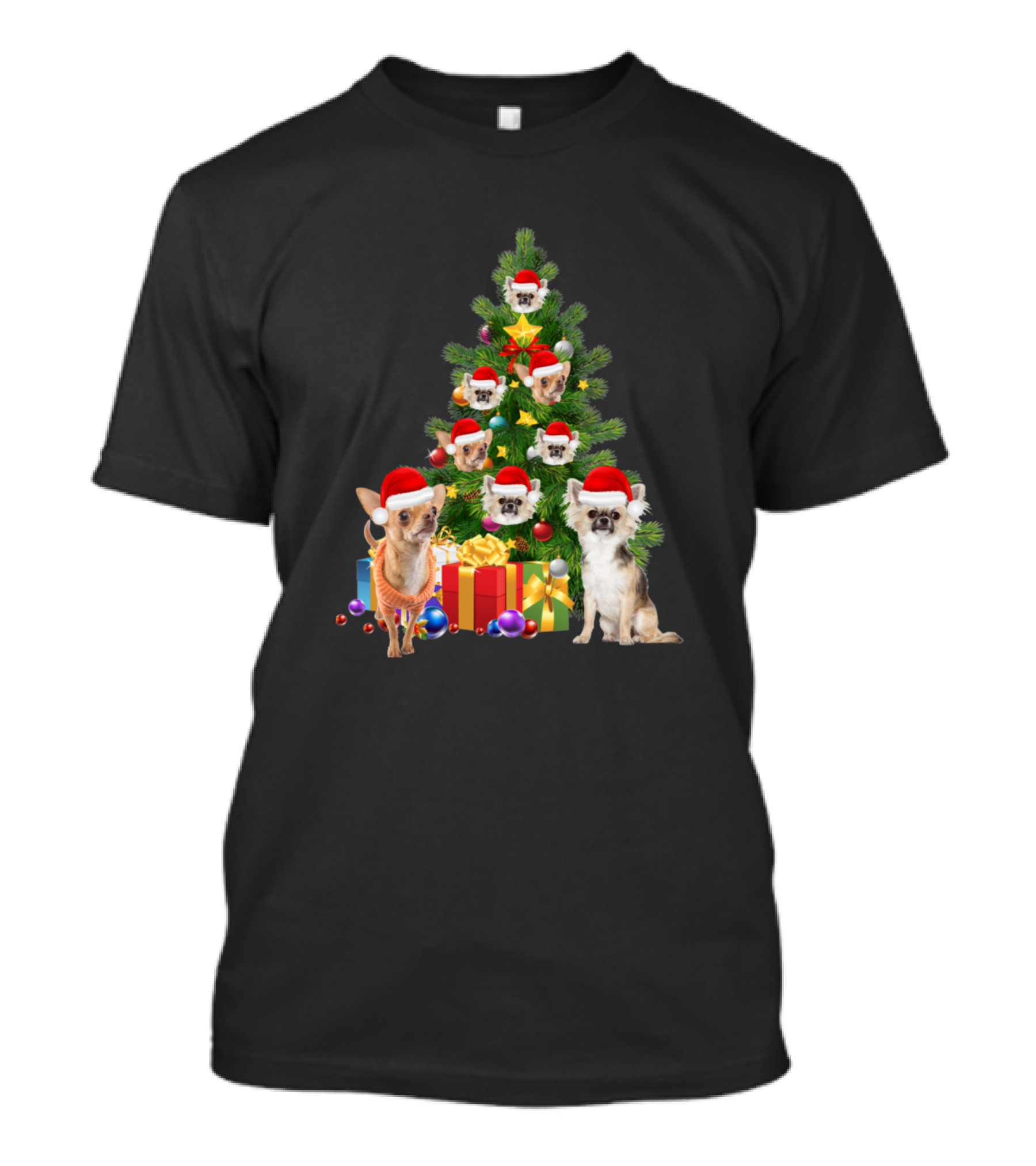 Chihuahua Dog Christmas Tree With Santa Hats And Presents Holiday Image T-Shirt