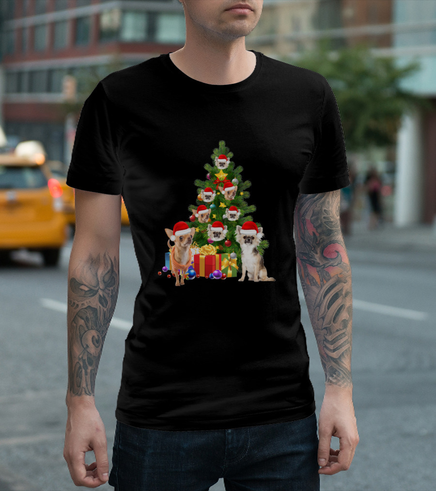 Chihuahua Dog Christmas Tree With Santa Hats And Presents Holiday Image T-Shirt
