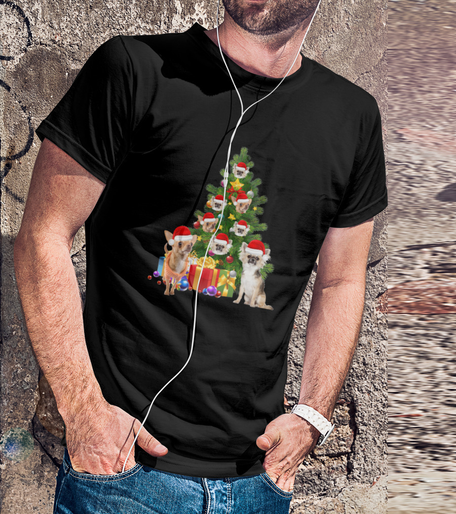 Chihuahua Dog Christmas Tree With Santa Hats And Presents Holiday Image T-Shirt