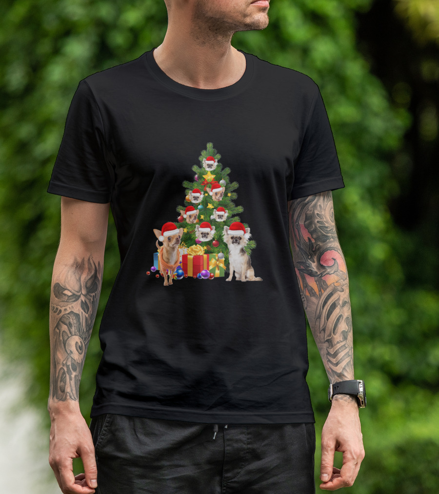 Chihuahua Dog Christmas Tree With Santa Hats And Presents Holiday Image T-Shirt