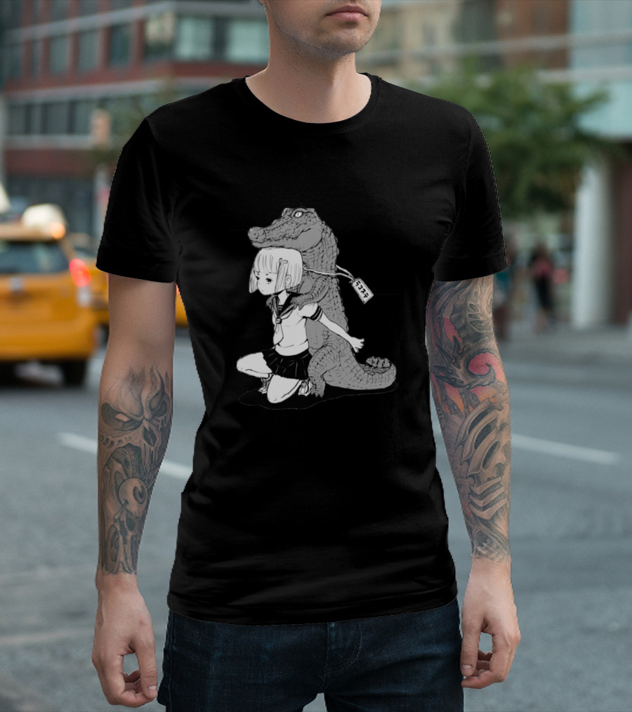 Crocodile Embrace with Schoolgirl and Japanese Tag T-Shirt
