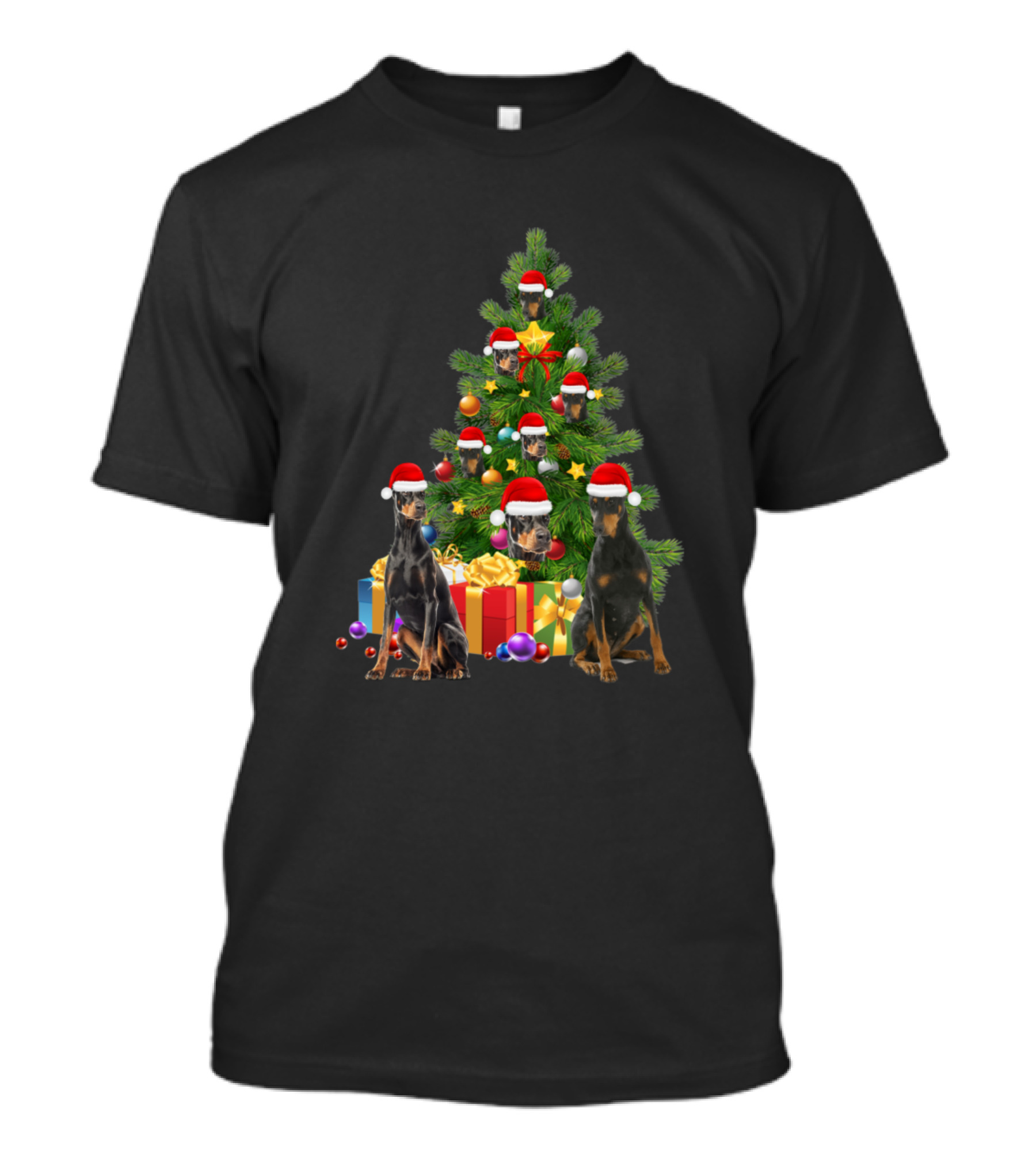 Doberman Christmas Tree With Santa Hats And Gifts T-Shirt