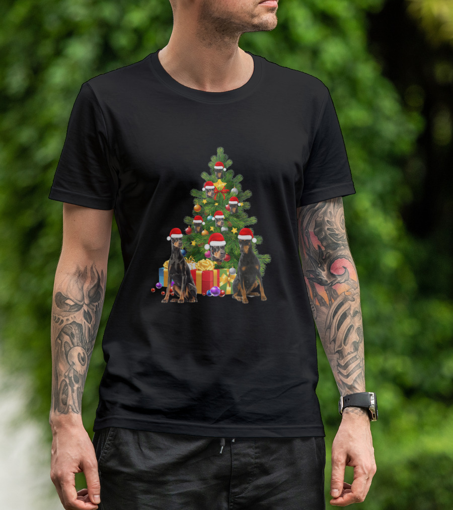 Doberman Christmas Tree With Santa Hats And Gifts T-Shirt