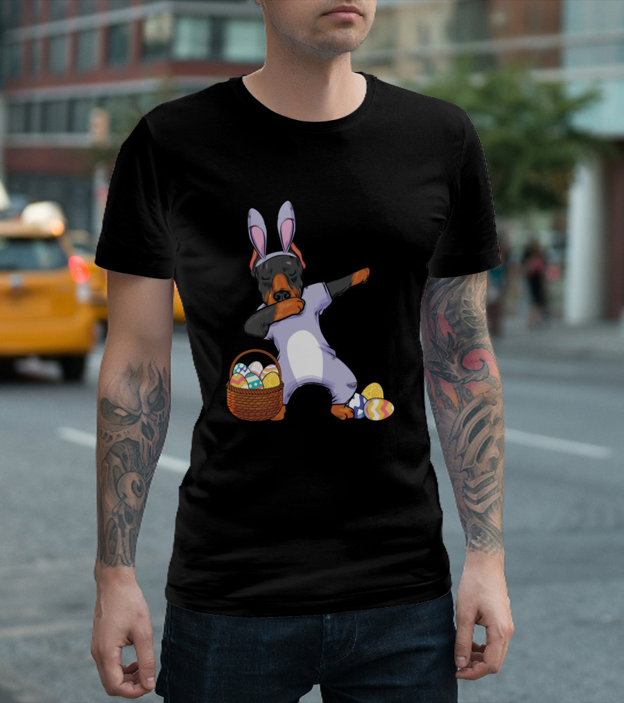Dogs Dabbing Easter Bunny Doberman Pinscher Girl47 Easter Eggs Basket T-Shirt