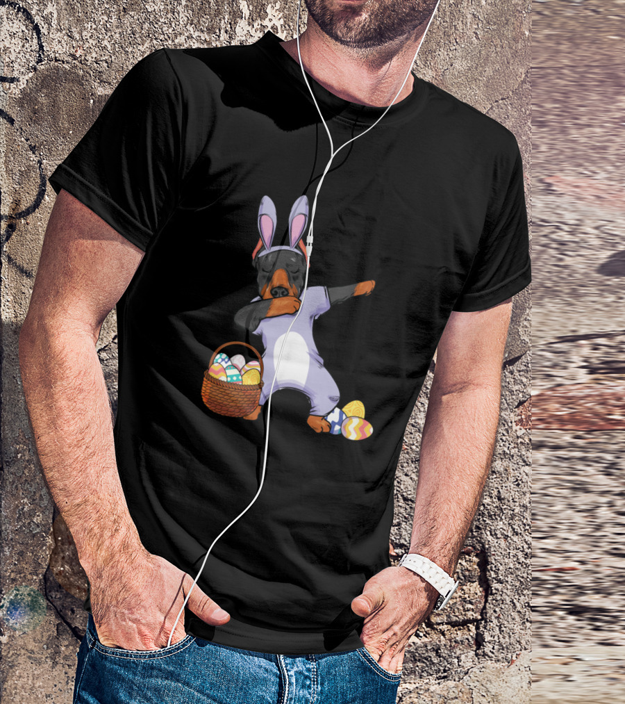 Dogs Dabbing Easter Bunny Doberman Pinscher Girl47 Easter Eggs Basket T-Shirt