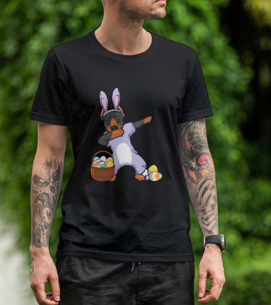 Dogs Dabbing Easter Bunny Doberman Pinscher Girl47 Easter Eggs Basket T-Shirt
