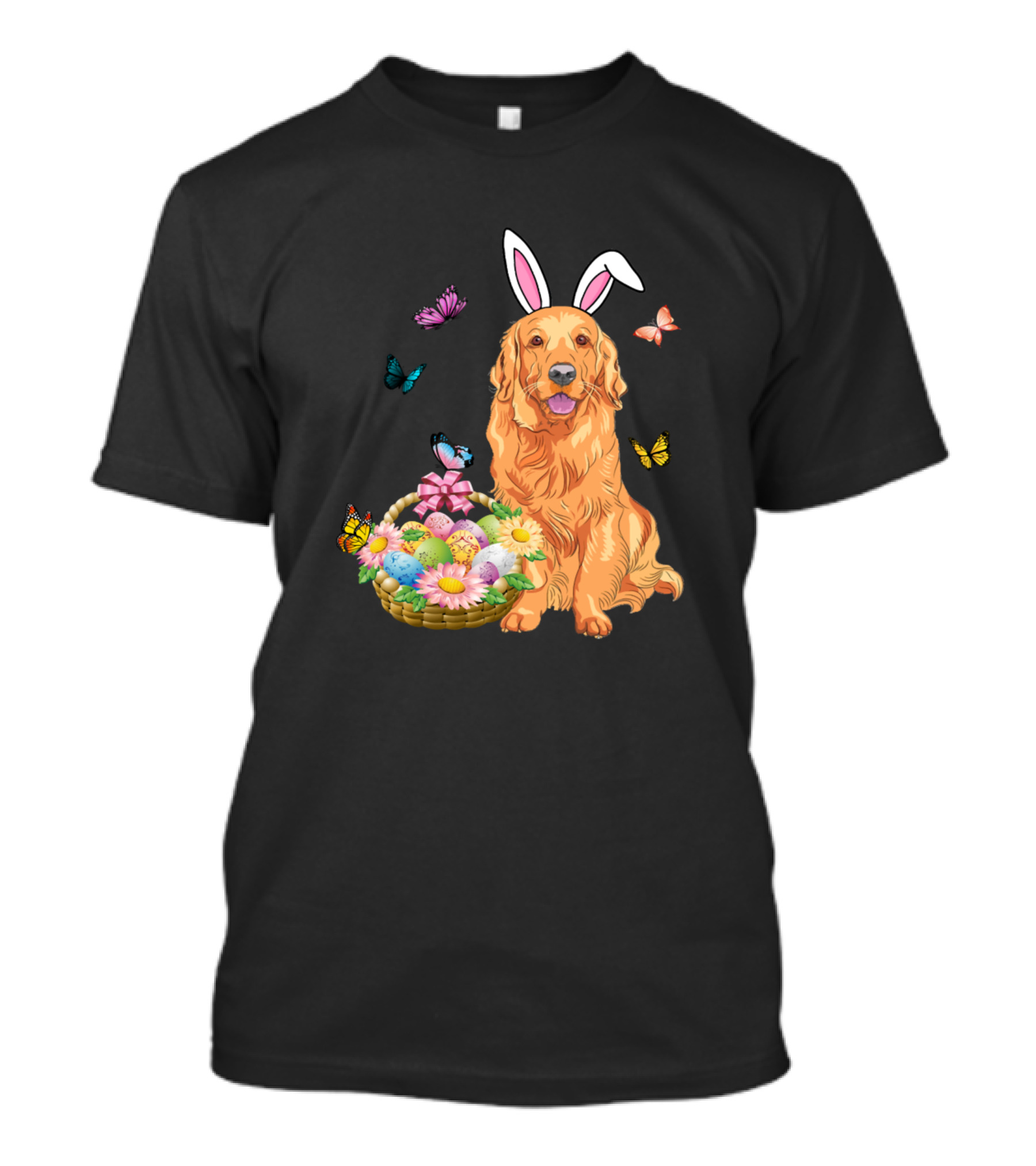 Golden Retriever Bunny Ears Easter Basket And Butterflies T-Shirt