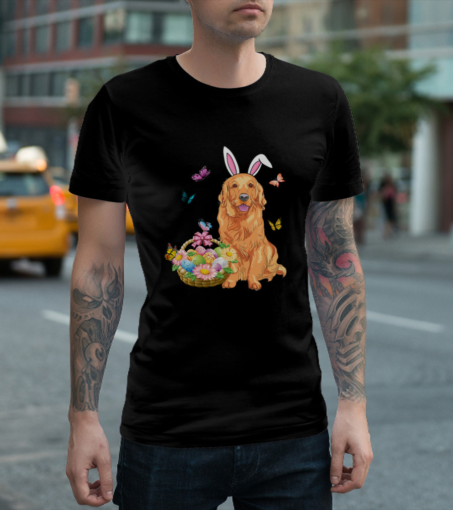 Golden Retriever Bunny Ears Easter Basket And Butterflies T-Shirt