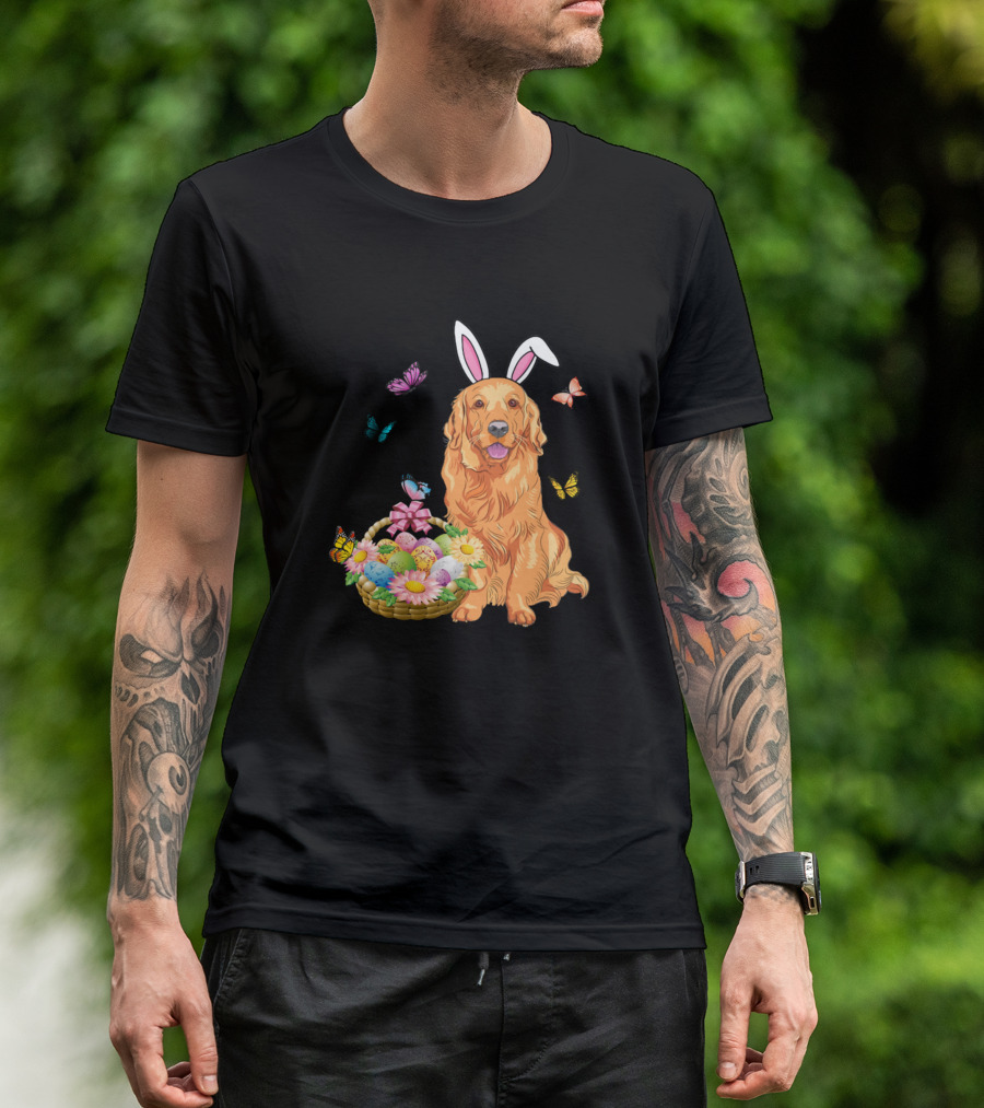 Golden Retriever Bunny Ears Easter Basket And Butterflies T-Shirt