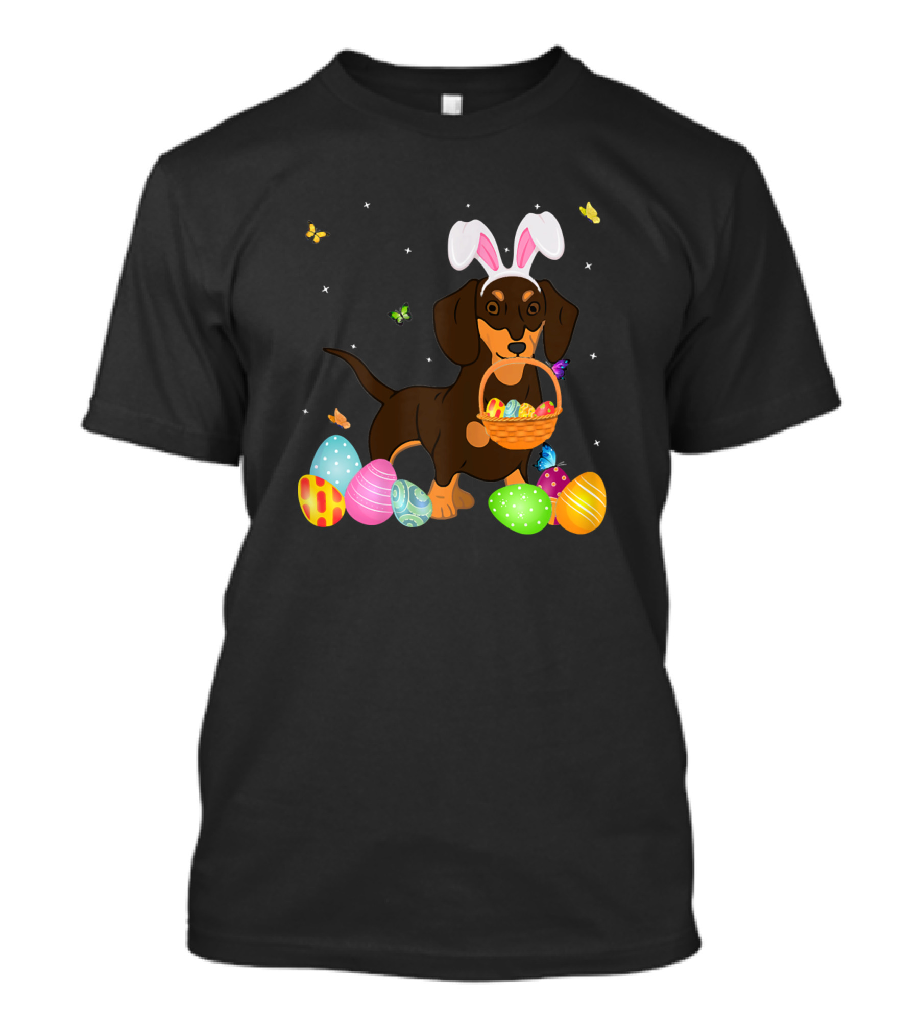 Easter Dachshund With Bunny Ears Holding Basket Of Colorful Eggs For Dog Moms T-Shirt