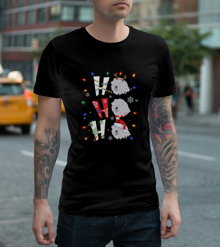 Ho Ho Ho Merry Christmas Komondor with Lights and Snowflakes T-Shirt