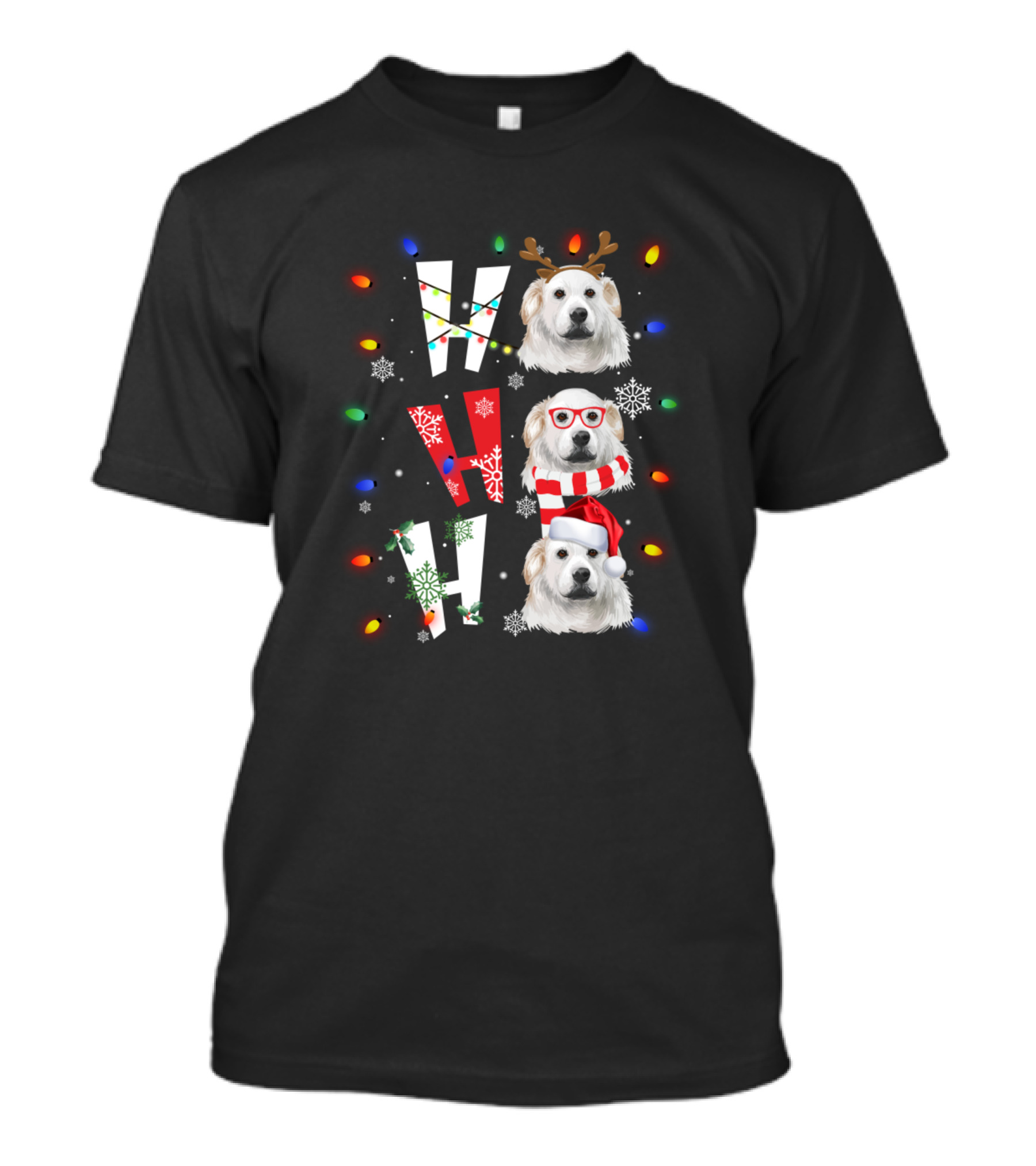 Ho Ho Ho Merry Christmas Kuvaszok Festive Dogs With Reindeer Antlers, Glasses, And Santa Hat T-Shirt