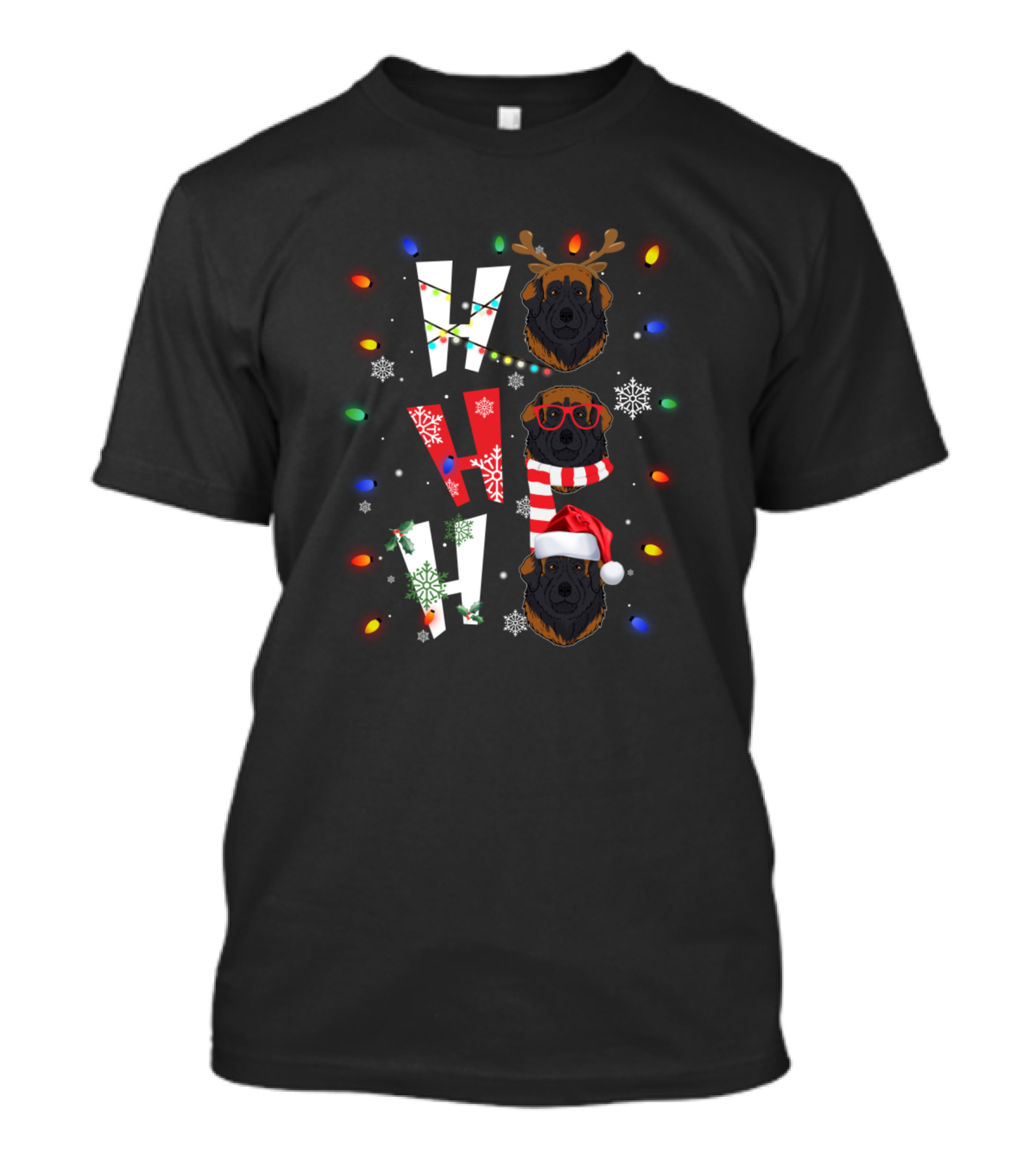 Ho Ho Ho Merry Christmas Leonberger Snowflakes Lights Reindeer Ears Santa Hat T-Shirt