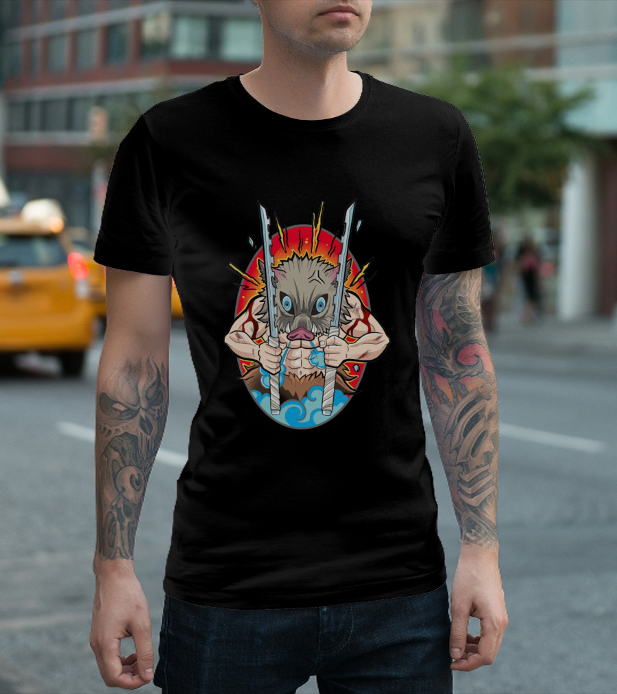 Inosuke Hashibira Boar Head Swords Red Background Demon Slayer T-Shirt
