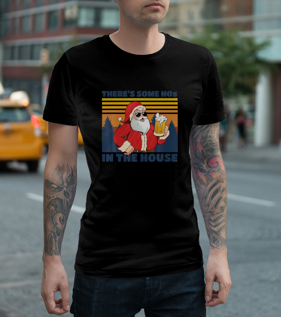 There's Some Hos in the House Naughty Santa Holding Beer Retro Sunset Forest T-Shirt